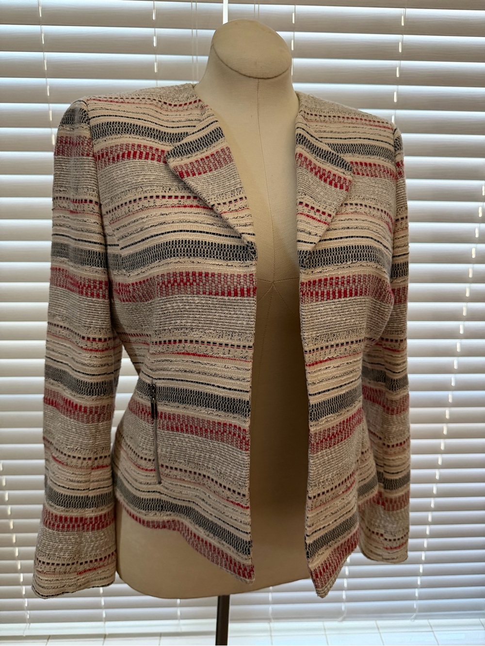 Tahari ASL 10 Striped Tweed Blazer Cream Red Black Open Front Work Office Jacket